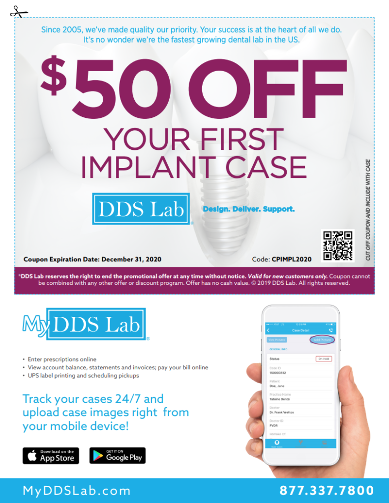 DDS Lab Welcome Offer - $50 off your first Dental Implant Case
